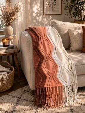 Hand-Knit!! Chevron Fringe Throw Blanket - Rust & Cream, 36" X 60"